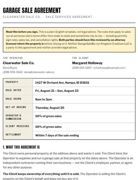 A generated garage sale agreement showing the operator and client details, the property address, sale dates and hours, the commission split, and the settlement terms.