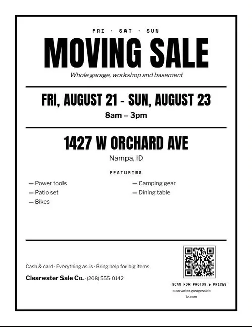 A printed yard sign reading MOVING SALE with the dates, hours, street address, a list of featured items, and a QR code to the sale listing.