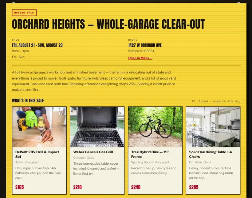 An operator's public sale page: a moving sale in Nampa, Idaho with dates, address, description, and a grid of items with photos and prices.